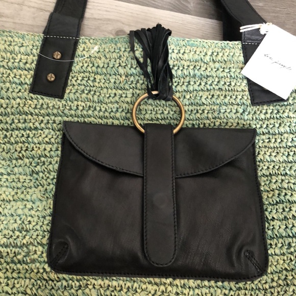 Free People Green En Riva Raffia Tote Black Leather Accents NWT - Picture 8 of 16